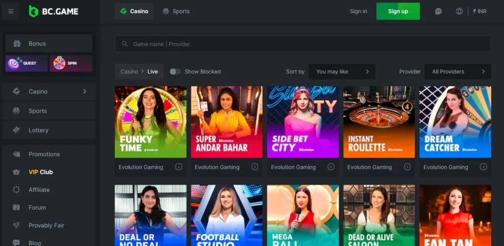 BC Game live casino.
