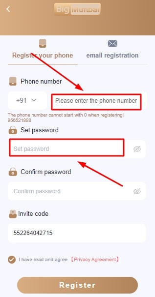 enter your mobile phone number