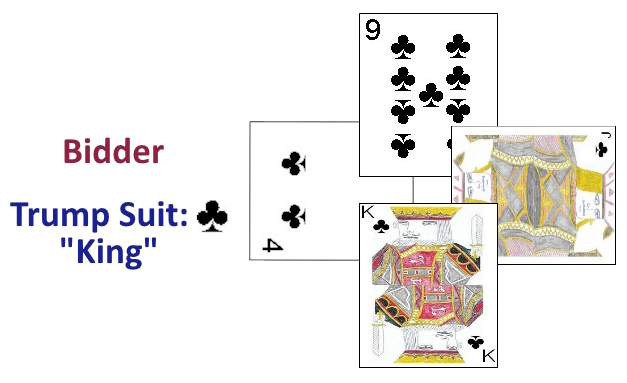 The high bidder sets the trump suit and calls any card